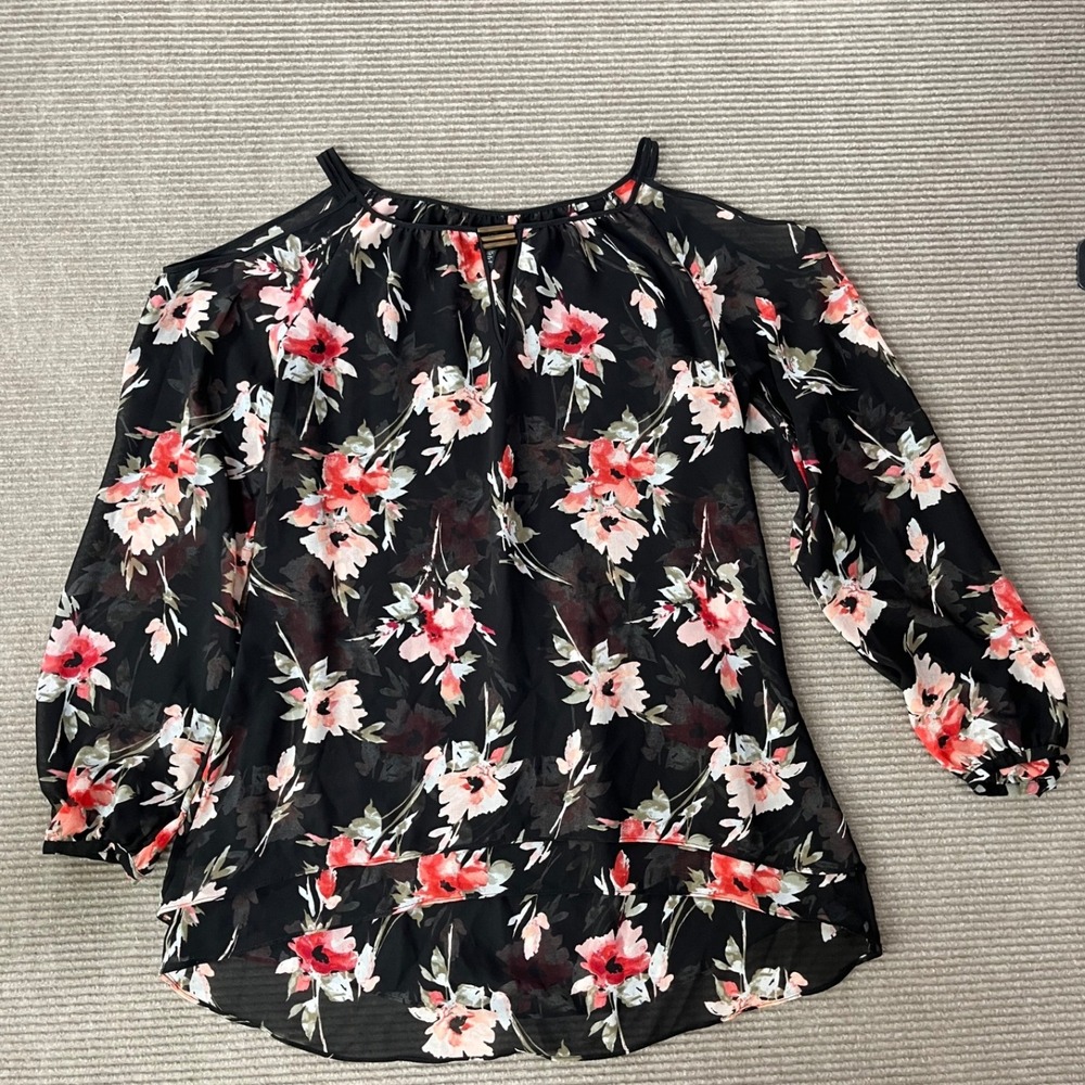White House Black Market Womens Black Floral Cold Shoulder Blouse Size Medium